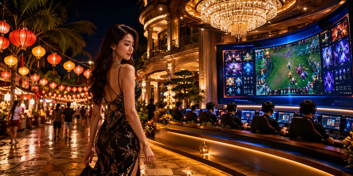Cảnh chợ đêm Phú Quốc với người dùng theo dõi kết quả cá cược esports trên điện thoại